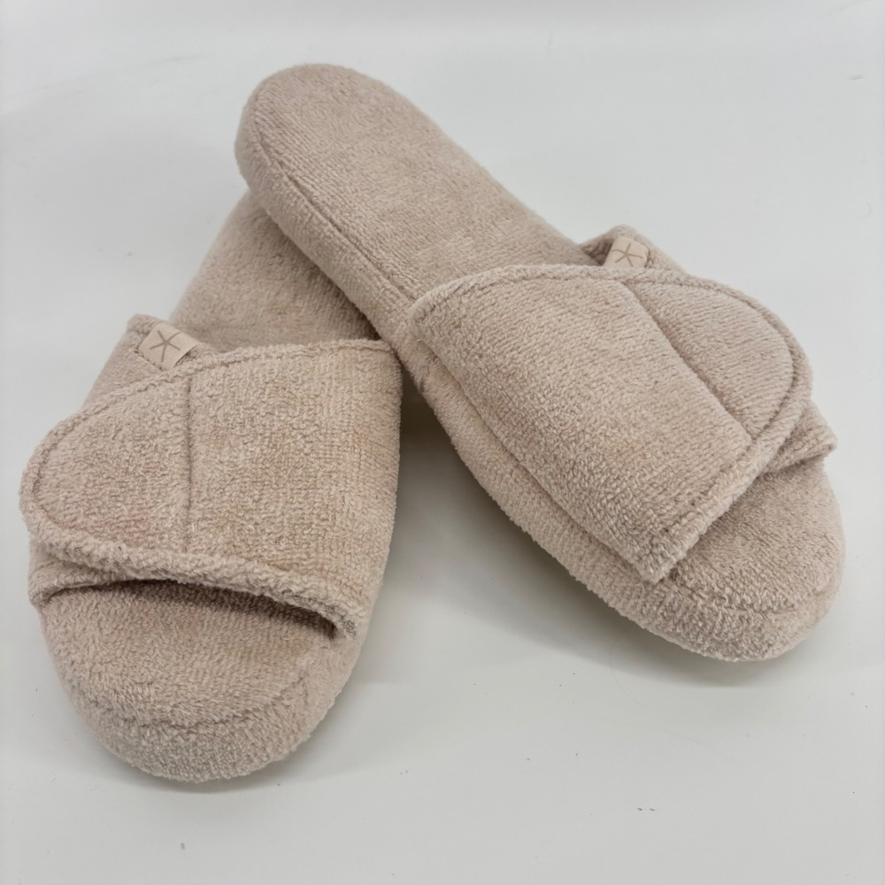 Barefoot Dreams Cozy Terry Spa Slippers Beige Adjustable Slide Small 5-6 NWOT